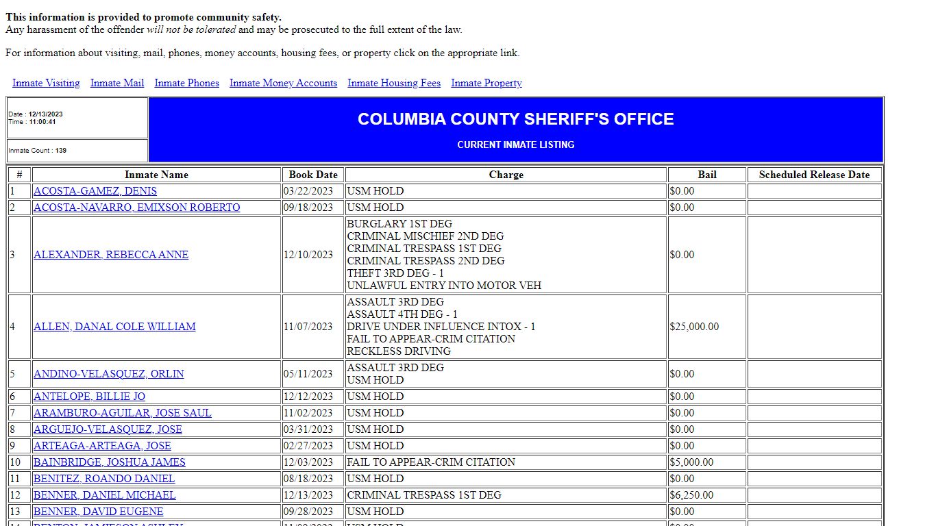 County Jail Inmate Population List - co.columbia.or.us